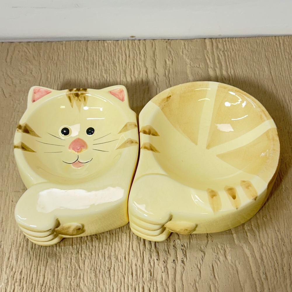 Vintage Ceramic Cat‎ Trinket Dish Set 2 Piece Cream Tan Tabby Kitten Bowls